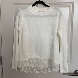White Knit Sweater - Lace Trim High-low